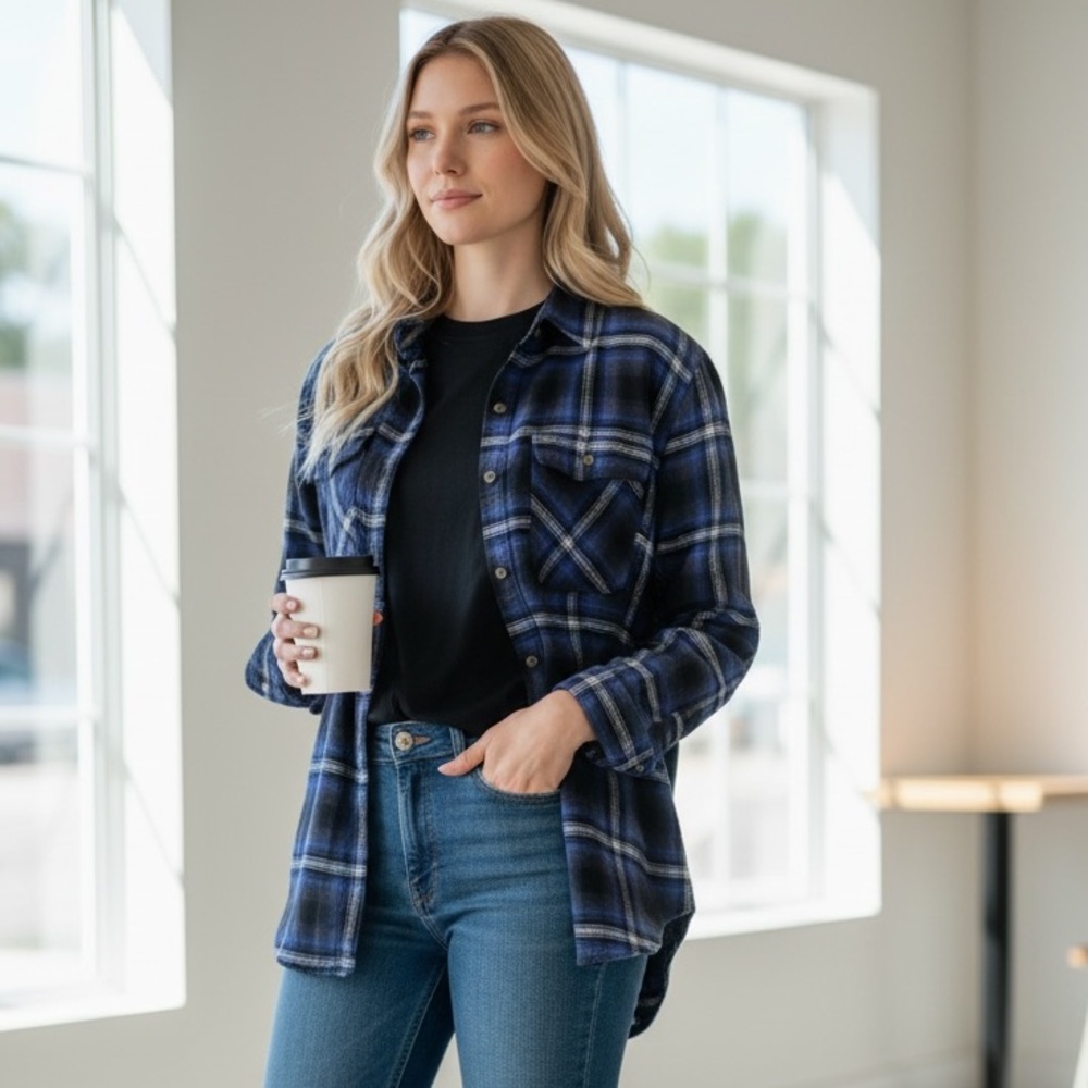 American Eagle Outfitters Flannel Shirt Medium Blue Plaid Button Down Cozy Fall